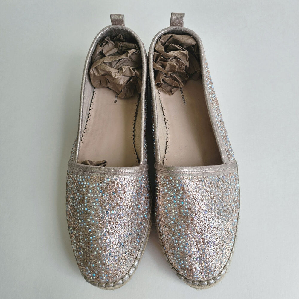 INC Espadrille Flats Rhinestone Caleyy Size 9 Metallic Tan Sparkle Slip On Shoes - Picture 10 of 12